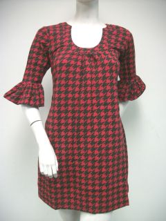 Tracy Negoshian Mari Red Black Houndstooth Cotton Dress Bell 3/4 