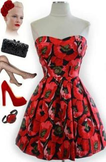 50s Style RED Poppy Print BOUQUET OF STYLE Strapless Pinup Sun Dress