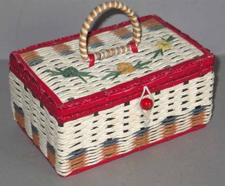 Vintage Woven Sewing Basket Box Red Tufted Interior Pin Cushion