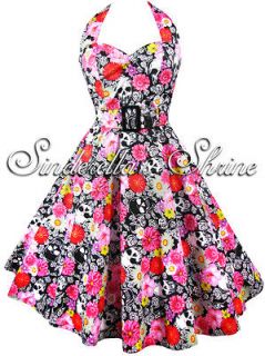 Hell Bunny~VoNNie~Pink Red Flower Skull 50s Rock n Roll Party Dress 8 