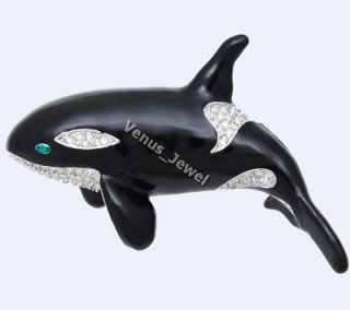 Black Enamel Orca Killer Whale Rhinestone Crystal Brooch Pin B734