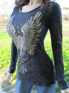Vocal Tribal Gold Wings Mineral Wash Tattoo Top Shirt Western Bling S 