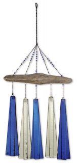 NEW BLUE AND CLEAR GLASS WOOD CHIME GARDEN ART GIFT VINTAGE ANTIQUE 