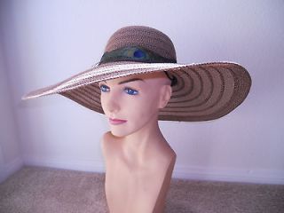 Brown hat feather hat brown hat sun hat peacock hat wide brim hat