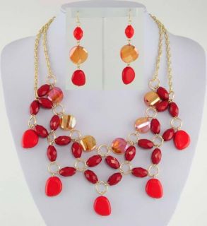 14kt Yellow Gold Ep Spicy Red Beaded Bib Necklace and Dangle Earring 