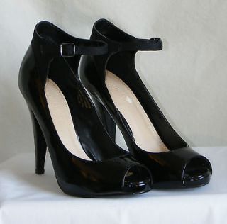   Stuart Size 7.5 Black Patent Leather Ankle Cuff Peep Toe 4 Heels
