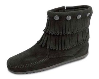 minnetonka suede double fringe side zipper boots