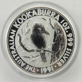 1991 1oz kookaburra pure silver bullion coin in capsule from