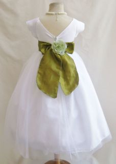 NEW VB WHITE/OLIVE MOSS GREEN BRIDESMAID FORMAL PAGEANT GOWN FLOWER 