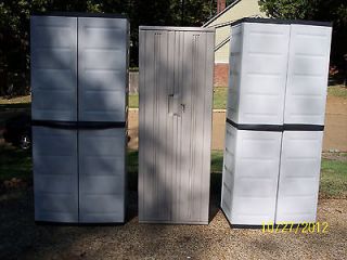 PLASTIC OUTDOOR STORAGE CABINETS TOTAL OF 3. 1 RUBBERMAID AND 2 OTHERS