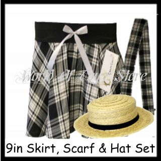   Trinian School Girl Scottish Tartan 9in Skirt, Scarf & Boater Hat Set