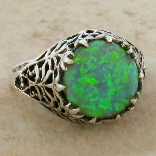 GREEN FIRE OPAL ANTIQUE FILIGREE DESIGN .925 STERLING SILVER RING SIZE 