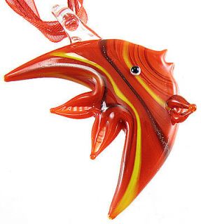 Hot Red Vivid Tropical Fish Lampwork Murano Glass Bead Pendant Ribbon 