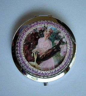   Lady In Pink Pocket Mirror Compact 2.75 wide Silvertone Push Button