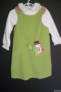 Girls PEACHES n CREAM Green Corduroy Snowman Dress sz 4 Jumper Winter 
