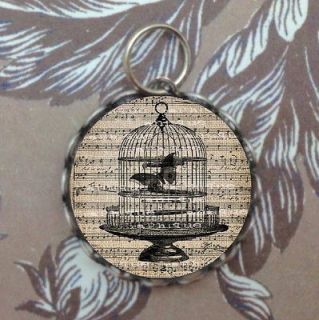Birdcage, Butterfly on sheet Music, Shabby Chic Silver Bubble Charm 
