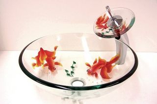  Clear Gold Fish Tempered Glass Vessel Sink Waterfall Faucet Combo Set