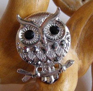 Owl Brooch Pin Crystals, Black Eyes Crystals NEW Silver Colour