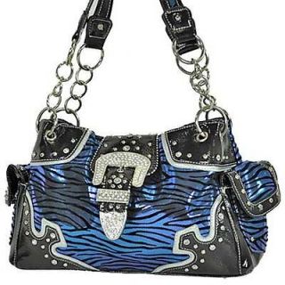   Animal Zebra Print Purse Handbag Rhinestone Belt Buckle Metallic Blue