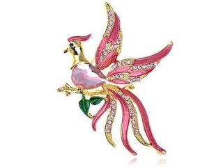   Pink Beaded Flying Bird Crystal Phoenix Rhinestone Brooch Costume Pin