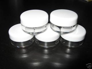 100 plastic cosmetic jars 5 gram sample jar white lid w/labels