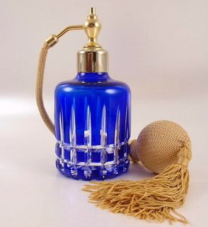 Cobalt Cut to Clear Glass Perfume Bottle & Tassel Atomizer Signed 