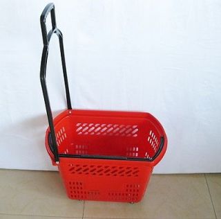 1x plastic red rolling shopping baskets with 4 wheels from