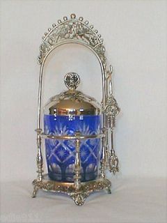 BLUE CUT GLASS PICKLE JAR ~ New SILVER PLATE CASTOR & TONGS Downton 