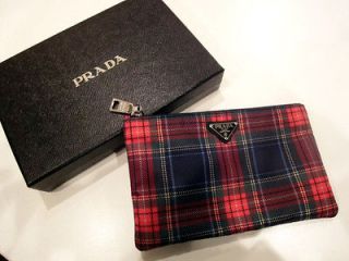 NewAuth PRADA Small Pouch Bag Wallet Purse RED Tartan Plaid Nylon Logo