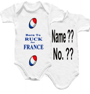 France Rugby Baby Grow Shirt Ruck French Ball Flag Top Kit Name & No 