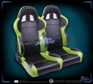 2x Black/Green JDM Turino Sport Racing Bucket Seats Driver/Passenger 
