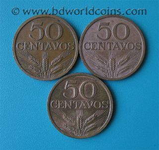 LOT OF (3) PORTUGAL 50 CENTAVOS (2)1970 + 1976 PORTUGUESE 22.5mm 
