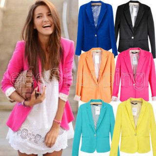 One Button Candy Color Womens Lapel Casual Suits Blazer Jacket 