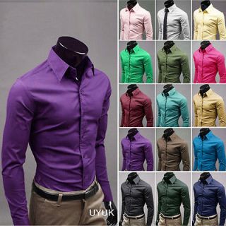 New Men Luxury Stylish Casual Solid Color Slim Fit Shirt 17Colors US 