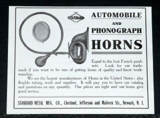 1909 OLD MAGAZINE PRINT AD, STANDARD AUTOMOBILE & PHONOGRAPH HORNS 