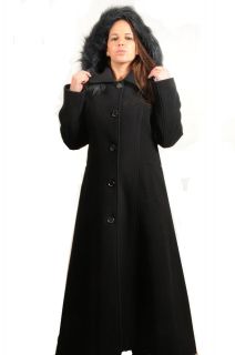 black wool womens faux fur trim hooded long coat new