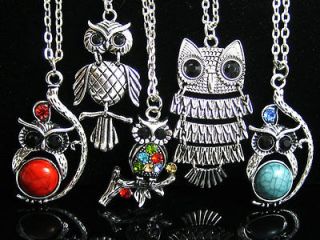   5pcs wholesale mix vintage owl bird CZ crystal necklace Gift #02