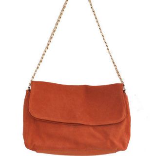 Genuine Suede Chain Link Handle Orange Shoulder Crossbody Handbag 