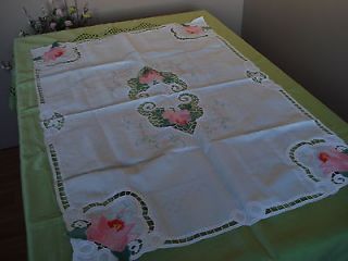 Vintage Linen Table Cloth /Scarf Applique Pink Flowers Free 