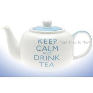 Keep Calm And Drink Tea Teapot White & Blue Gift Boxed Retro Vintage 