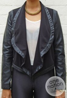   Style Waterfall Drape PU Leather Jacket Blazer Black S M 8 10 12