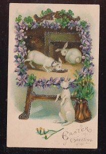 Cute Rabbits on Artist Easel Vintage Antique Embossed Easter Postcard 
