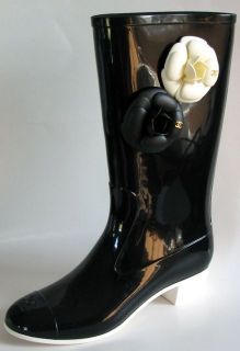 CHANEL RARE Black White Camelia Logo Rain Rubber Boots EU 41 US 10