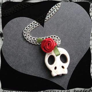 Day of the Dead Skull & Rose Necklace   Los muertos Halloween Goth