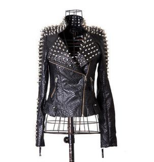   snakeskin leather biker jacket women black leather moto jacket S/M/L