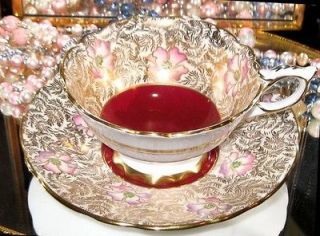   Red & Gold Chintz Floral Painted Royal Stafford Tea Cup and Saucer Set