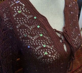MODA INTERNATIONAL Retro 60s   70s Crochet Sequin Fringe Sweater XS