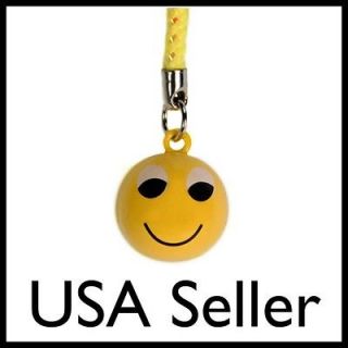 HAPPY SMILEY FACE BELL CHARM Mobile Cell Phone Strap Brass NEW Yellow 