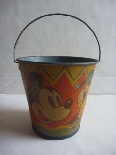 HAPPYNAKS Tin SAND PAIL Beach Bucket vintage 1930s DISNEY Mickey Mouse 