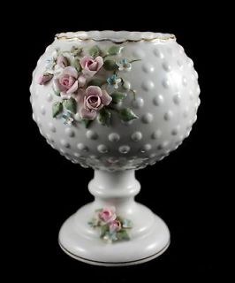   Lefton China vintage White Hobnail Pedestal Globe Bowl Applied 3D Rose
